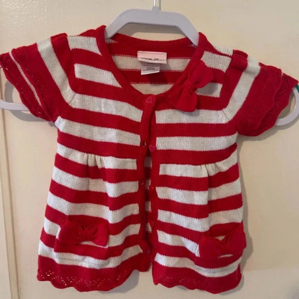 Little Lass Girls Striped Sweater Red White Pockets Heart Buttons Size 24m
